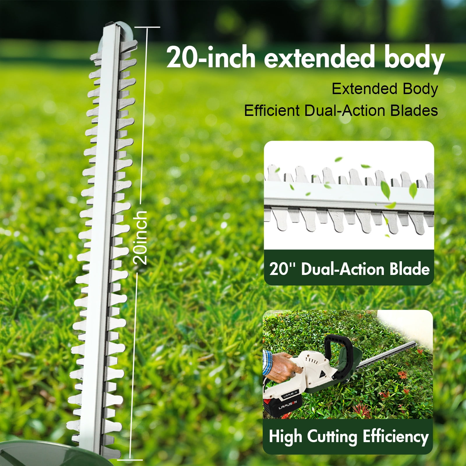 TOPZOO 21V Cordless Rotary Trimmer, 20" Dual-Action Blade Electric Hedge Trimmer, Handheld Shrub Trimmer with 3.0Ah Battery and Fast Charger