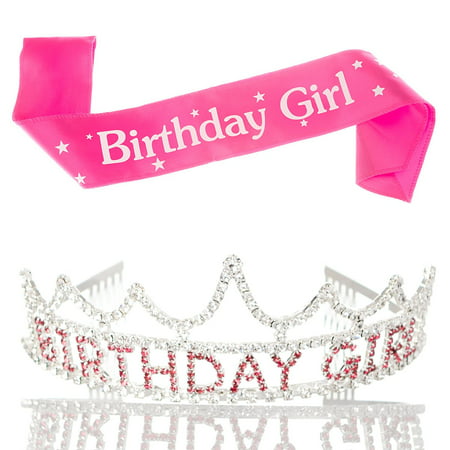 Birthday Girl Tiara and Sash Girls Party Accessories Set Pink and Silver Bundle (Tiara and Sash)