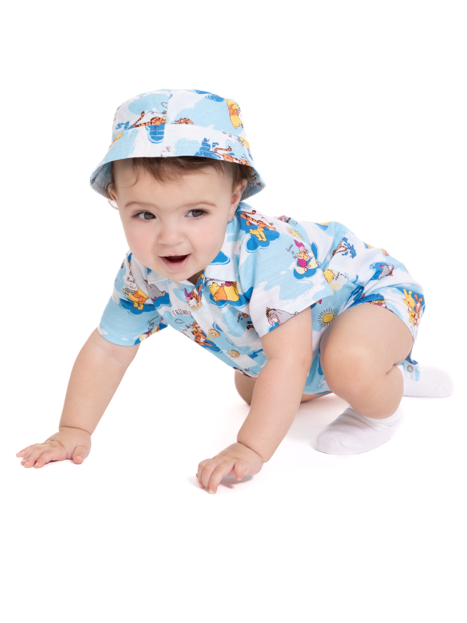 Winnie the Pooh Baby Boys' Print Cotton Romper and Bucket Hat Set, 2-Piece, Sizes 0/3M-24M