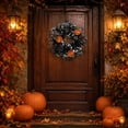 thumbnail image 4 of 12 Inch Black Eucalyptus Halloween Wreath, Artificial Floral Door Wreath with Pumpkin Cutouts for Front Porch Indoor Door Halloween Party Gothic Home Decor, 4 of 7