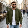thumbnail image 7 of Vxararl Men Bomber Jacket Zip Up Baseball Collar Varsity Windbreaker, Long Sleeve Casual Winter Outer Coat with Side Hand Pockets for Daily Commuting Street Travel Cold‑Weather Outfits Army Green XL, 7 of 7