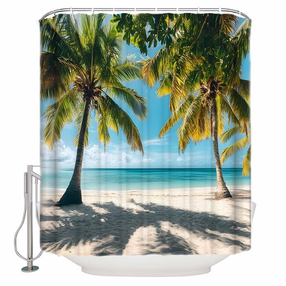 Ocean Bathroom Shower Curtains with 12 Hooks Polyester Waterproof Shower Curtain for Stalls and Bathtubs Palms Tropical Island Summer Beach Sea Water Decorative Bathroom Privacy Curtain 36x72 Inches