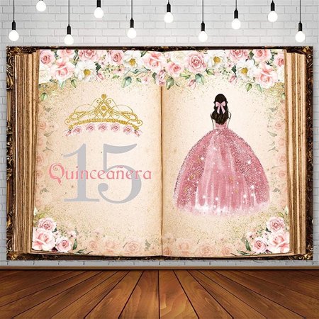 Quinceanera 15th Birthday Backdrop for Girl Mis Quince Anos 15th Birthday Party Decorations Once Upon a Time Fairy Tale Book Pink Rose Gold Floral Crown Banner Photography Background Prop
