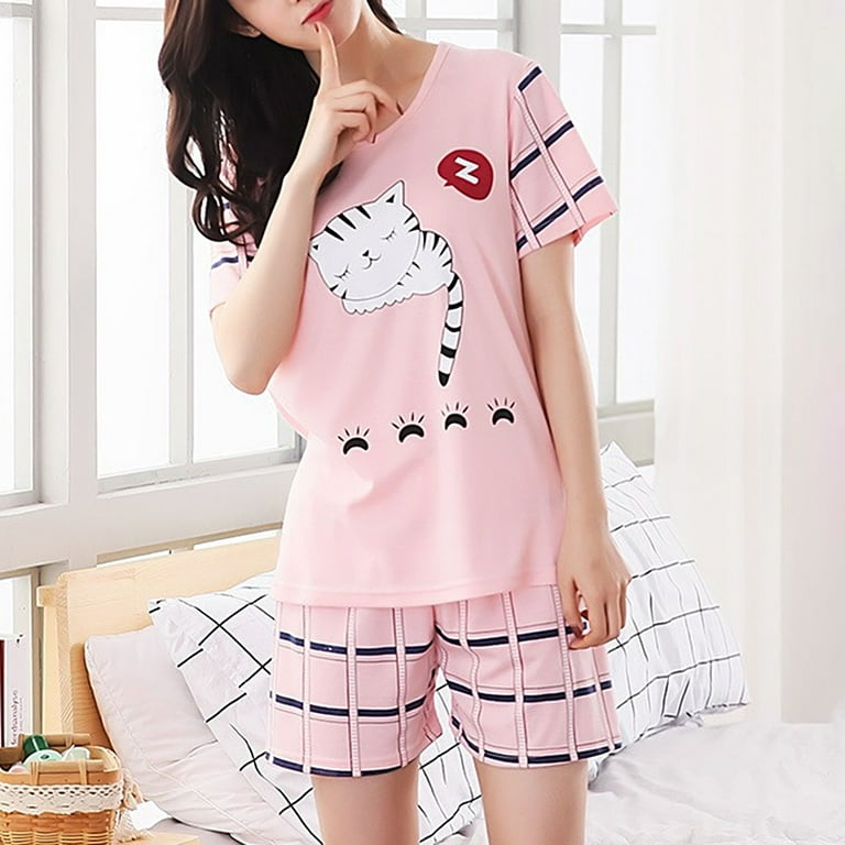 HEVIRGO Pajamas Two Pieces Set Short Sleeve Loose Top Shorts Women