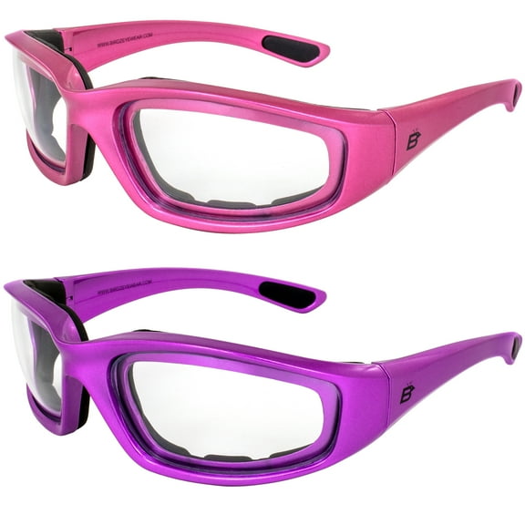 Birdz Eyewear Oriole Anti-Fog Padded Motorcycle Sunglasses Riding Glasses for Women 2 Pairs Pink & Purple Frames w/Clear Lenses