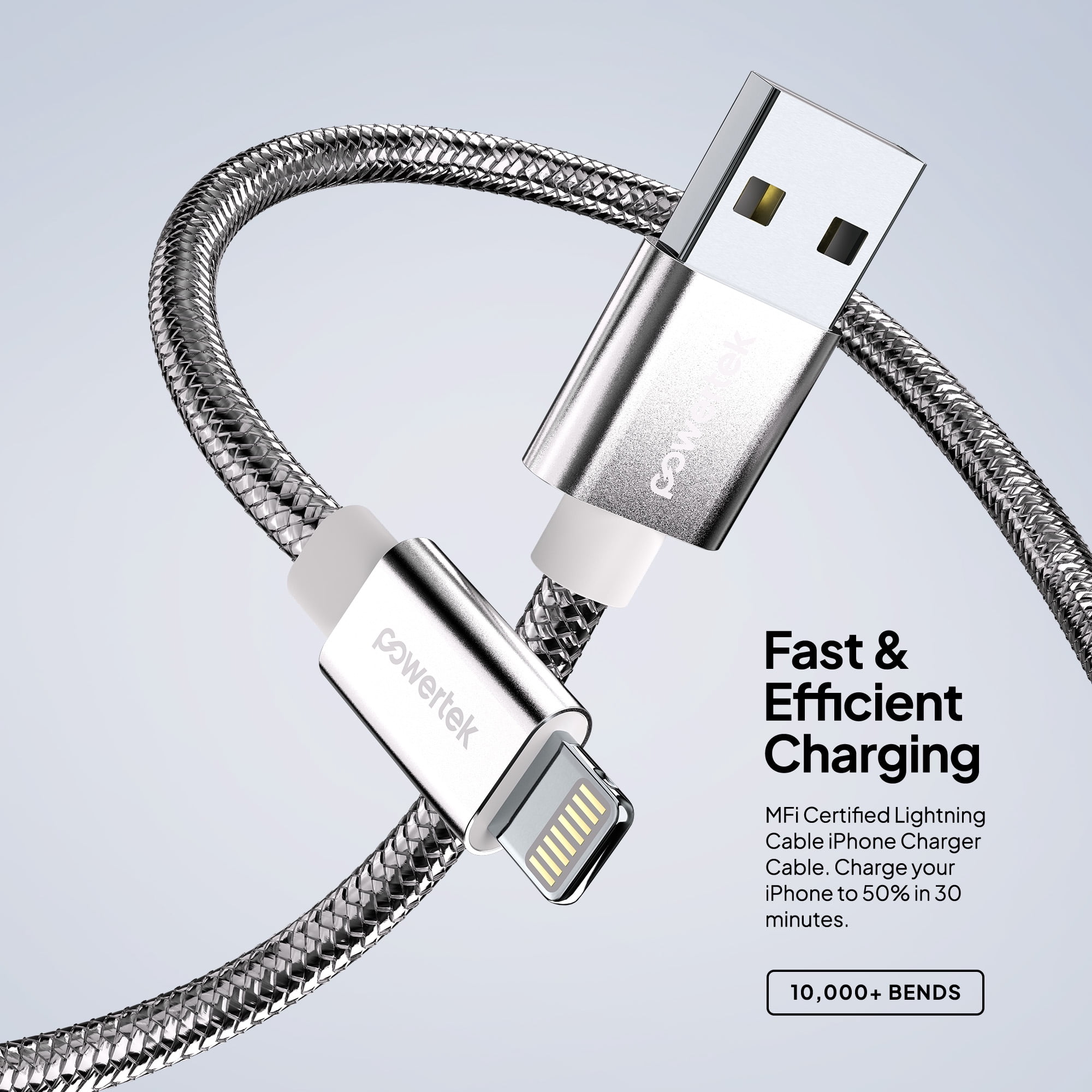 Powertek Luxe 6ft USB-A to Lightning Cable, Silver, Fast Charge & Sync, Metallic Mesh PVC Jacket, Durable Tangle-Free Design