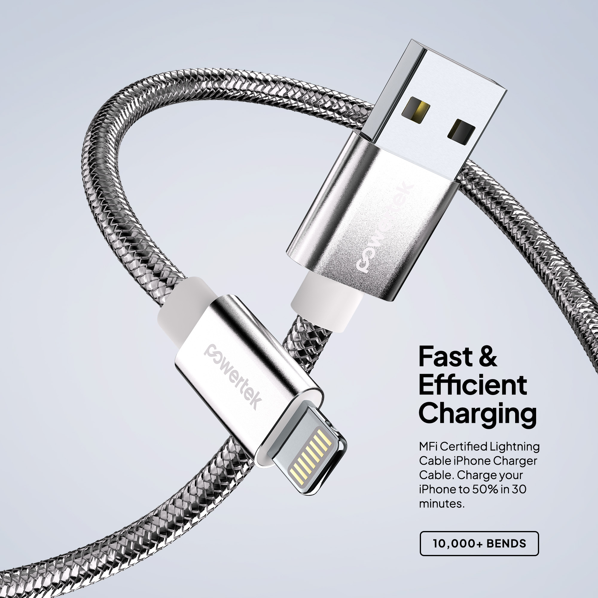 Liquipel Powertek Luxe USB-A to Lightning Cable, 6ft, Silver photo 3