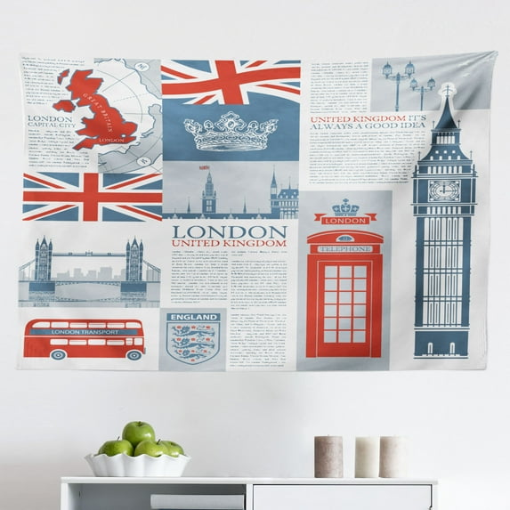 Phone Booth Tapestry, Iconic British Telephone Kiosk on Brick Wall London Urban, Fabric Wall Hanging Decor for Bedroom Living Room Dorm, 2 Sizes, Pale Rust Vermilion, by Ambesonne