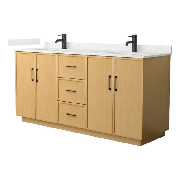 Elan TK 72" Light Oak Double Vanity Giotto Quartz Top (1-Hole) & Black Trim