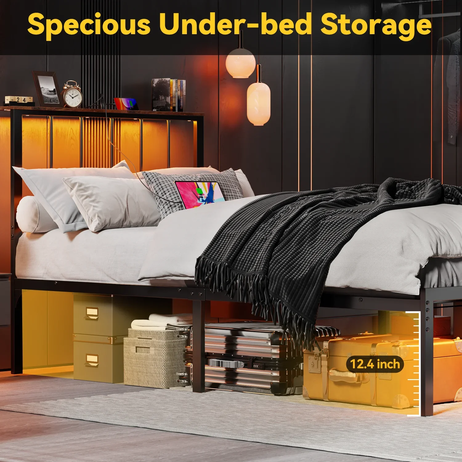 Behost Twin Bed Frame with Storage Headboard LED Lights Charging Station Adjustable Metal Frame Platform Bed Black
