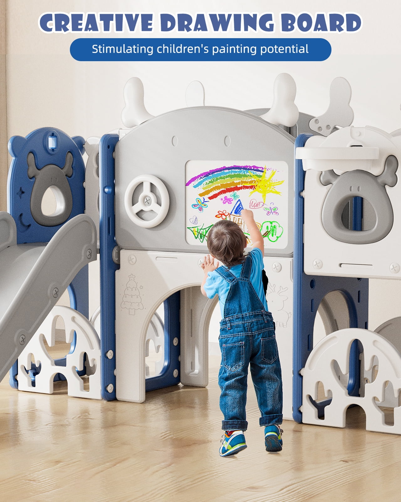 KORIMEFA 13 in 1 Toddler Slide Set, Kids Slide for baby Age 1-4, New Upgrade with Golf Set, Basketball Hoop, Drawing Board for Indoor Outdoor Playset,Toddler Playground,Blue