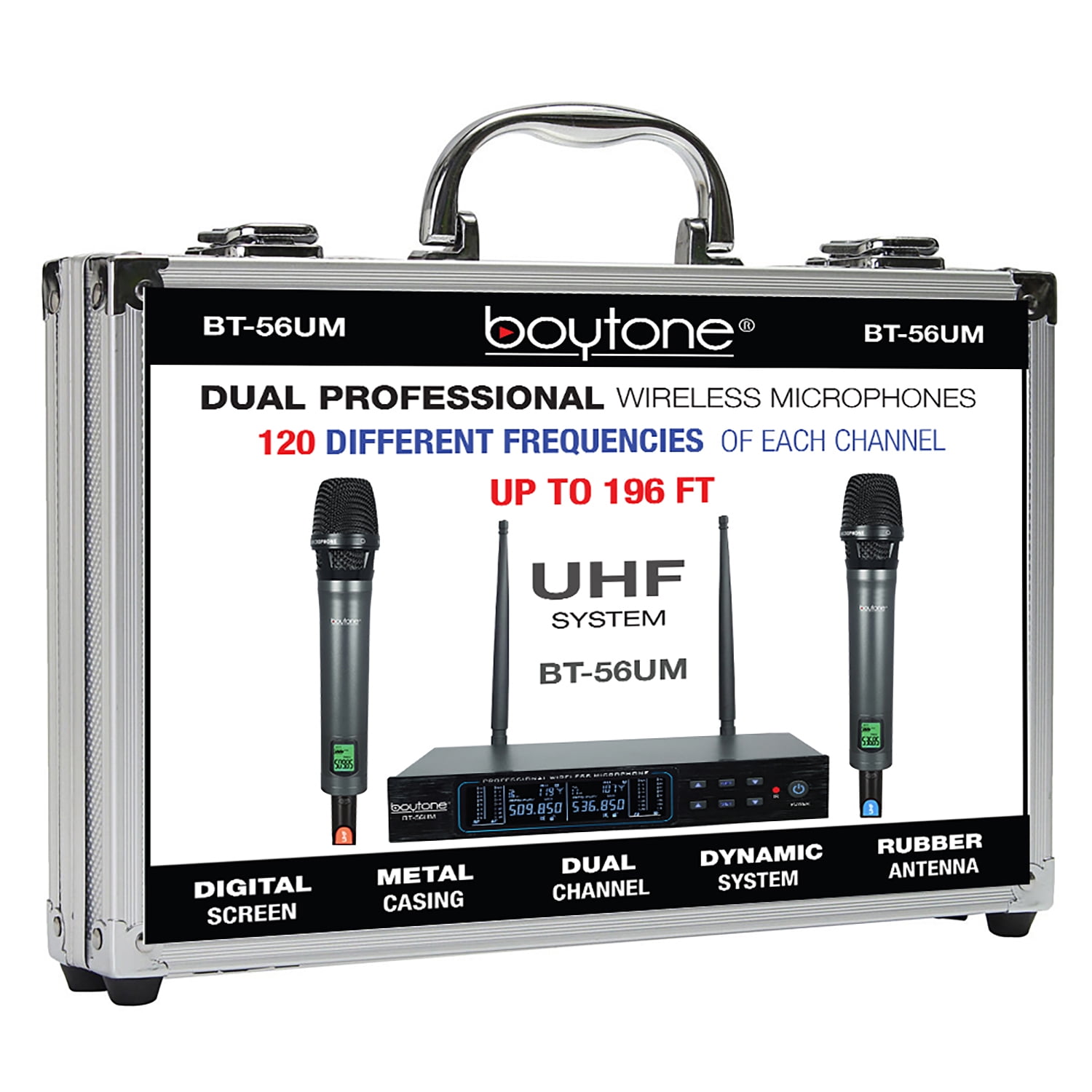 Boytone BT-56UM 120-Channel Dynamic Dual UHF Wireless Microphone System, Metal Cordless Mic and Base Set, Long Distance 200-240 Ft, 16 Hours Continuous Use for Concert, Studio, Party, Church, Karaoke