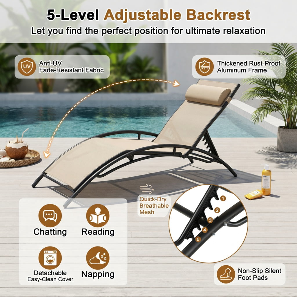 Hommoo 2-Piece Outdoor Chaise Lounge Set with 5-Position Adjustable Reclining Backrest, Heavy-Duty Metal Frame, Breathable All-Weather Fabric, Beige