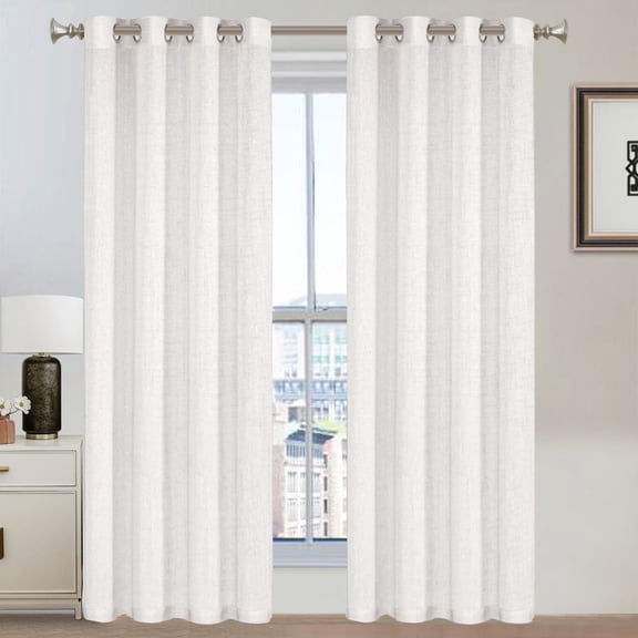 PrimeBeau Natural Linen Blended Nickel Grommet Curtains Semi Sheer Window Drapes Textured Flax (52" W x 96" L, White)