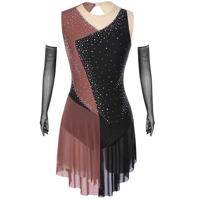 Haitryli Robe de Patinage Artistique Sans Manches avec Strass et Gants, Rose Poussiéreux TG