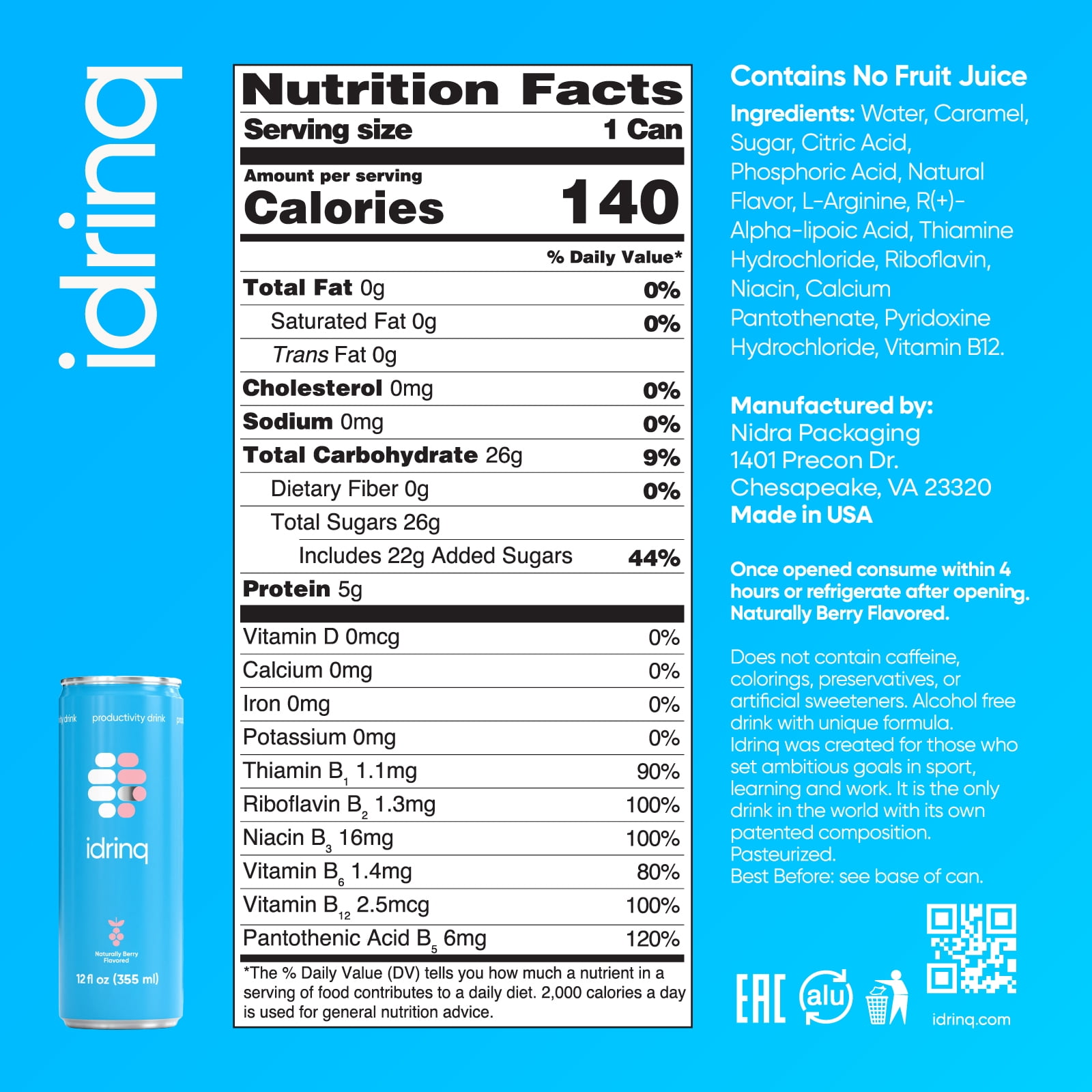 Idrinq - Berry, Caffeine Free Energy Drink, 12oz - 12-Count