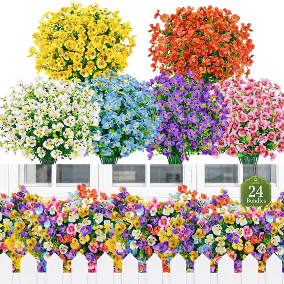 Miracliy 24 Pcs Fake Pansy Stems, Mixed 6-Color Artificial Flowers for Patio Balcony Decor