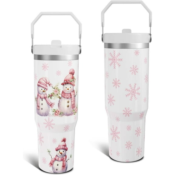 Christmas White Gifts for Women Men, 30 Oz Tumbler with Top Handle and Flip Straw, Xmas Snowman Stainless Steel Insulated Travel Coffee Cup, Winter Holiday Water Bottle for Him Her (1 PC)