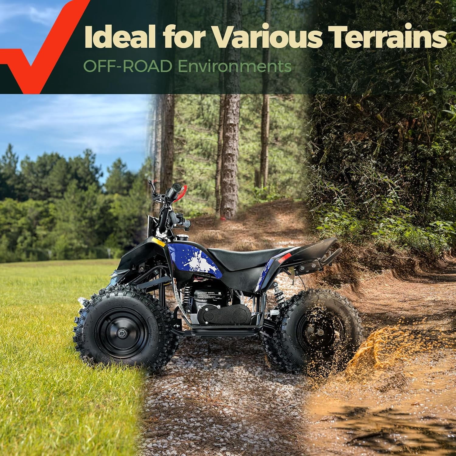 FRP 40cc Gas Powered Mini ATV, 4-Stroke Off-Road 4 Wheeler for Ages 13+, Up to 15 MPH, Adjustable Speed Control, Front & Rear Disc Brakes, Pull Start