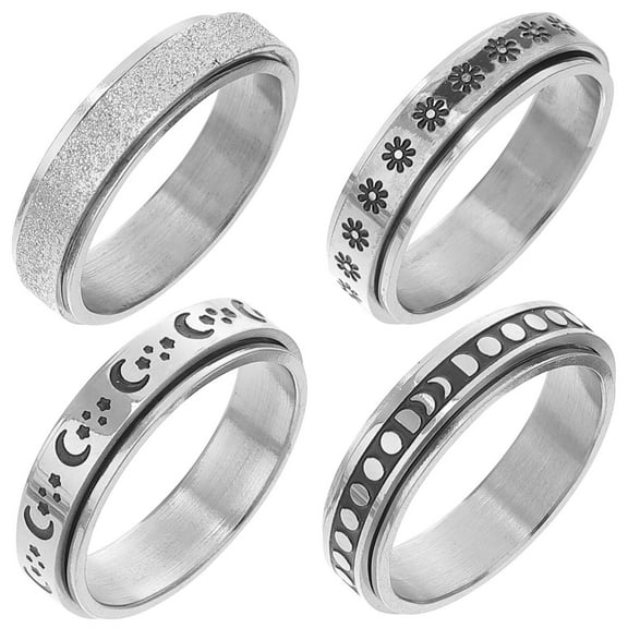 HEATSHAKING 4Pcs Fidget Rings Stars Moon Rotatable Design Smooth Surface No Burrs Titanium Steel Unisex Size 11