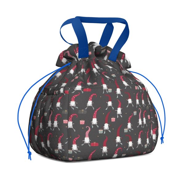 Dark Gray Christmas Gnome Pattern Drawstring Lunch Bag Women - Drawstring Lunch Bag Insulated for Work Office - Stain-Resistant Large Lunchbags for Women with Multi-Pockets
