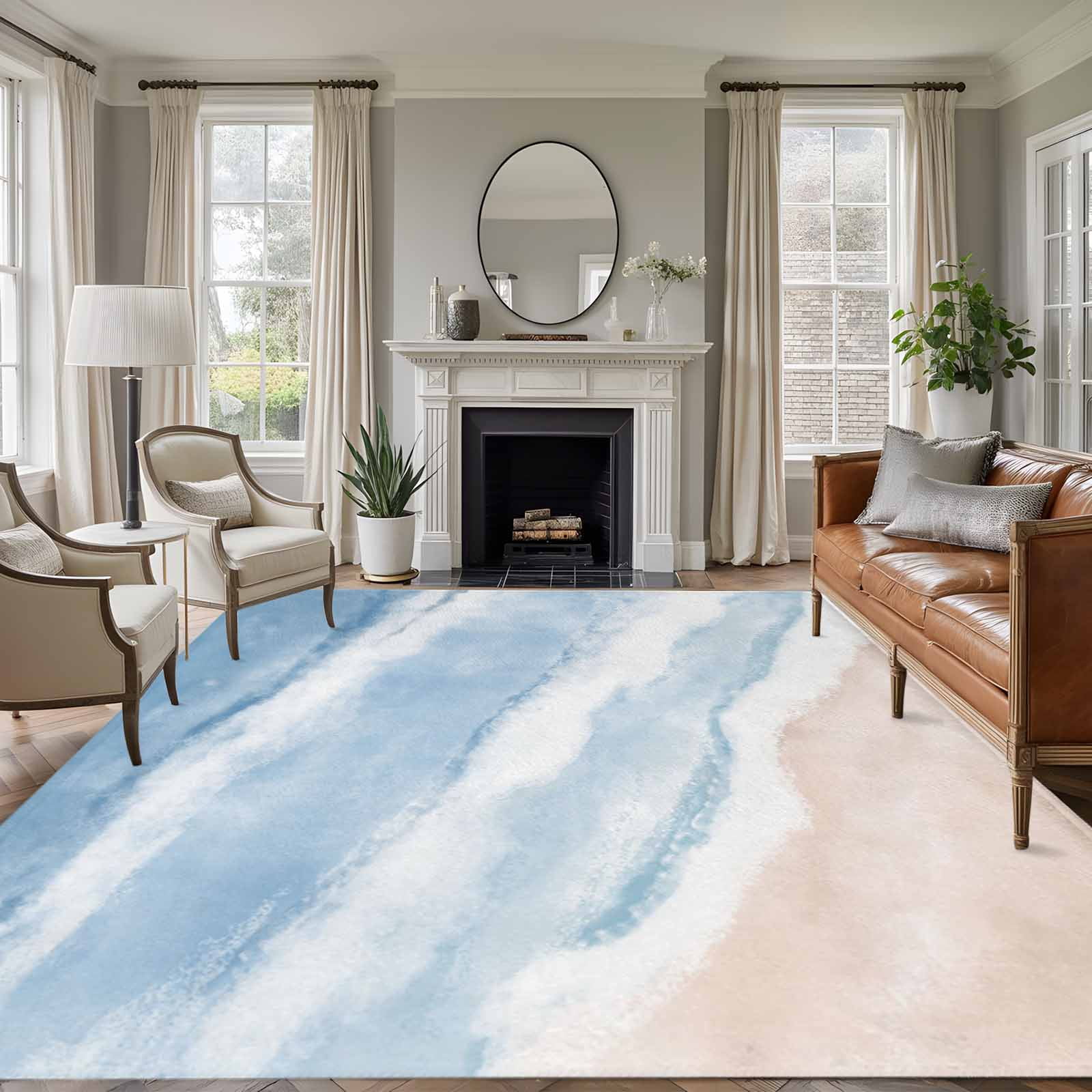 Non-Slip Rug Pad Rugs Watercolor Ocean Blue Gradient Rectangle Area Rugs 5x7Ft Soft Carpet Pads for Living Room Kids Room Abstract Beach Scenery
