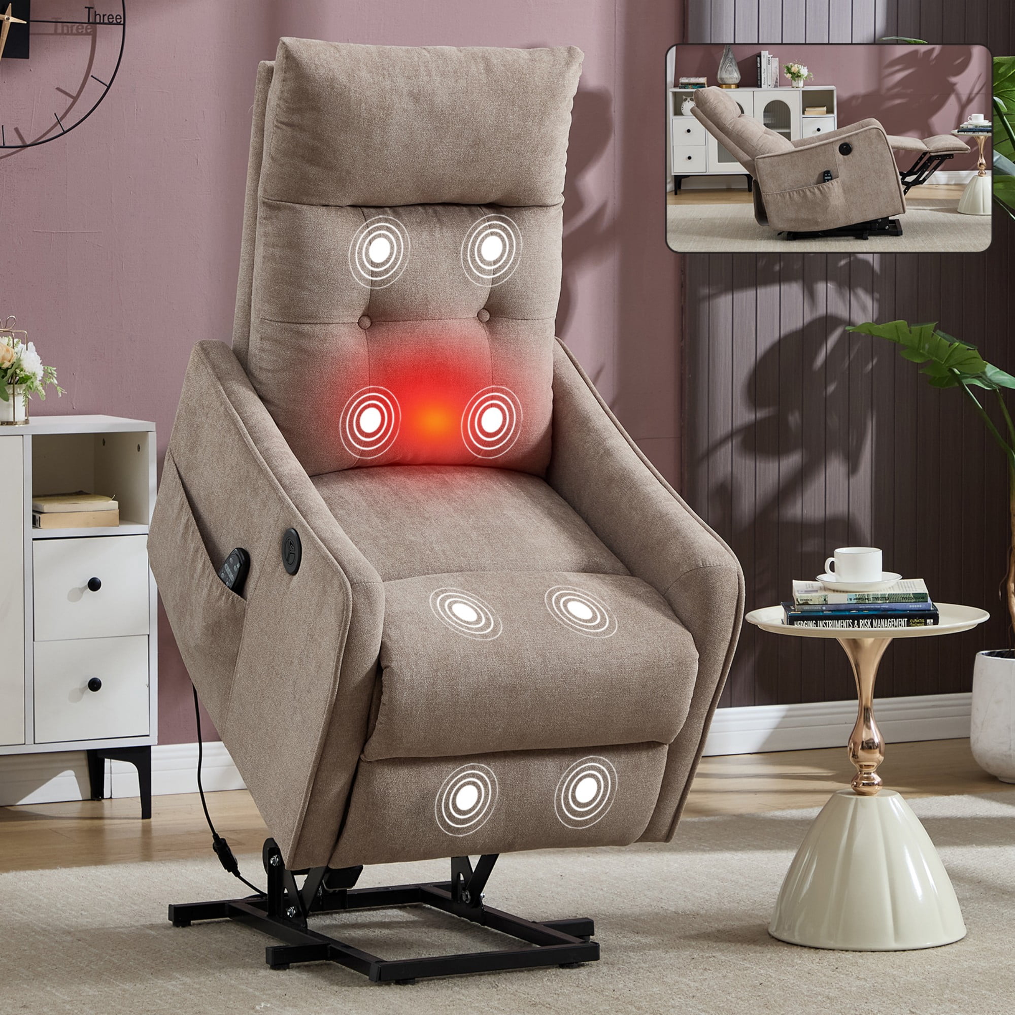 BSHTI Chenille Power Lift Recliner Chair with Vibration Massage, Lumbar Heat, USB Charging for Living Room(Khaki)