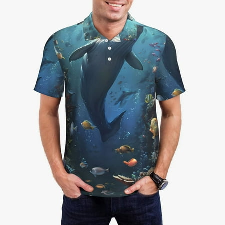 Gaeub Underwater Dolphin Print Men s Polo Shirts Short Sleeve Golf Performance Shirts Stretchy Golf Shirts Casual Summer Beach Shirts-Small