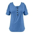 thumbnail image 4 of MIXUE Boho Tops For Women Summer Solid Color Round Neck Button Off Shoulder Short Sleeve Tshirts Outwear,Blue,M, 4 of 4