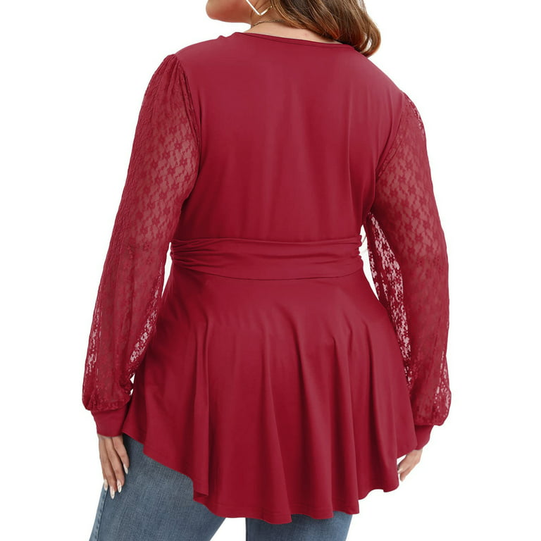 Womens Plus Size Tops Lace Pleated Tunic Blouses Long Sleeve Casual Flowy  Shirts