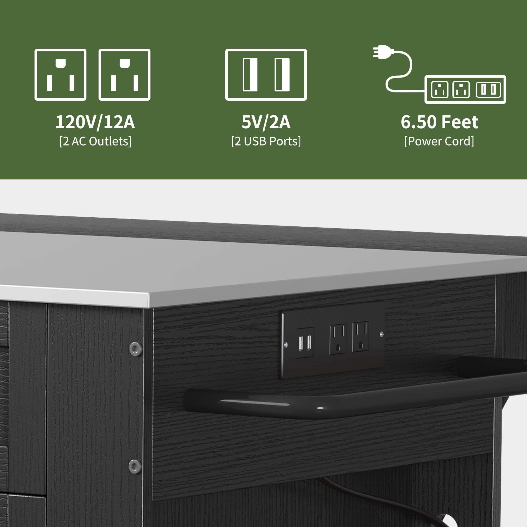 Uforic Kitchen Island with Storage & Drop Leaf, Kitchen Island Cart with Power Outlets, Black