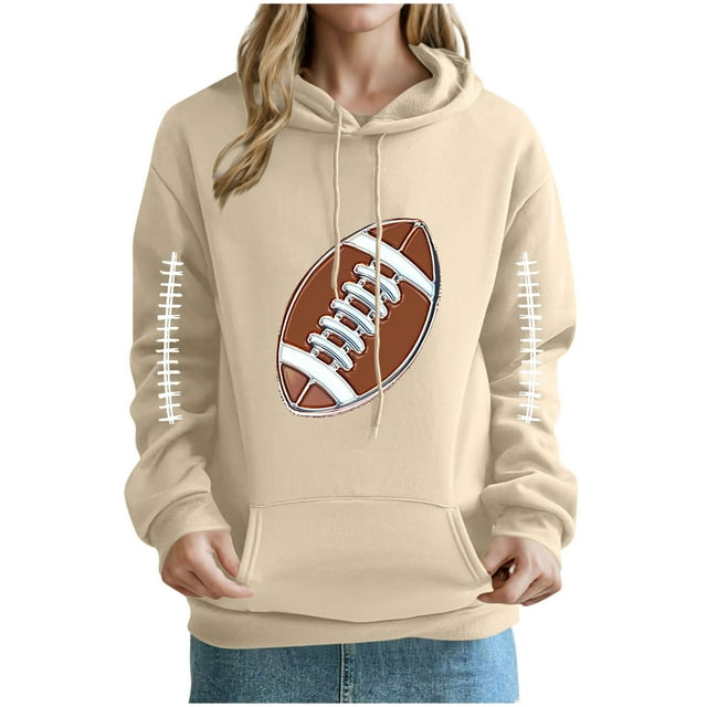 Heisall Womens Hoodies Rugby Print Pocket Drop Shoulder Long Sleeve Tops Fashion Casual Pullover Hooded Sweatshirts
