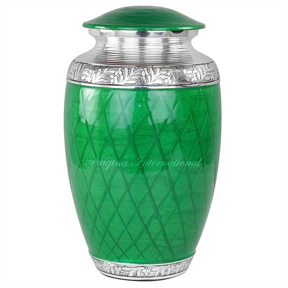 10" Aluminum Decorative Funeral Urns for Cremated Human Ash Remains Storage | Beautiful Design Funeral Pot for Pet Loss & Loved Ones | Large Size Engraved Metal Urns Premium Finish (Pine Green)