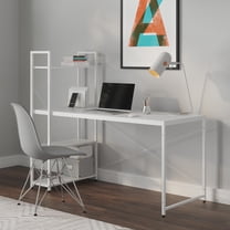 Ames 55" Reversible Gaming Computer Desk with Adjustable Shelves, Home Office Desk, Grommet Cable-Management, Leveler Feet, Easy Assembly, White/White