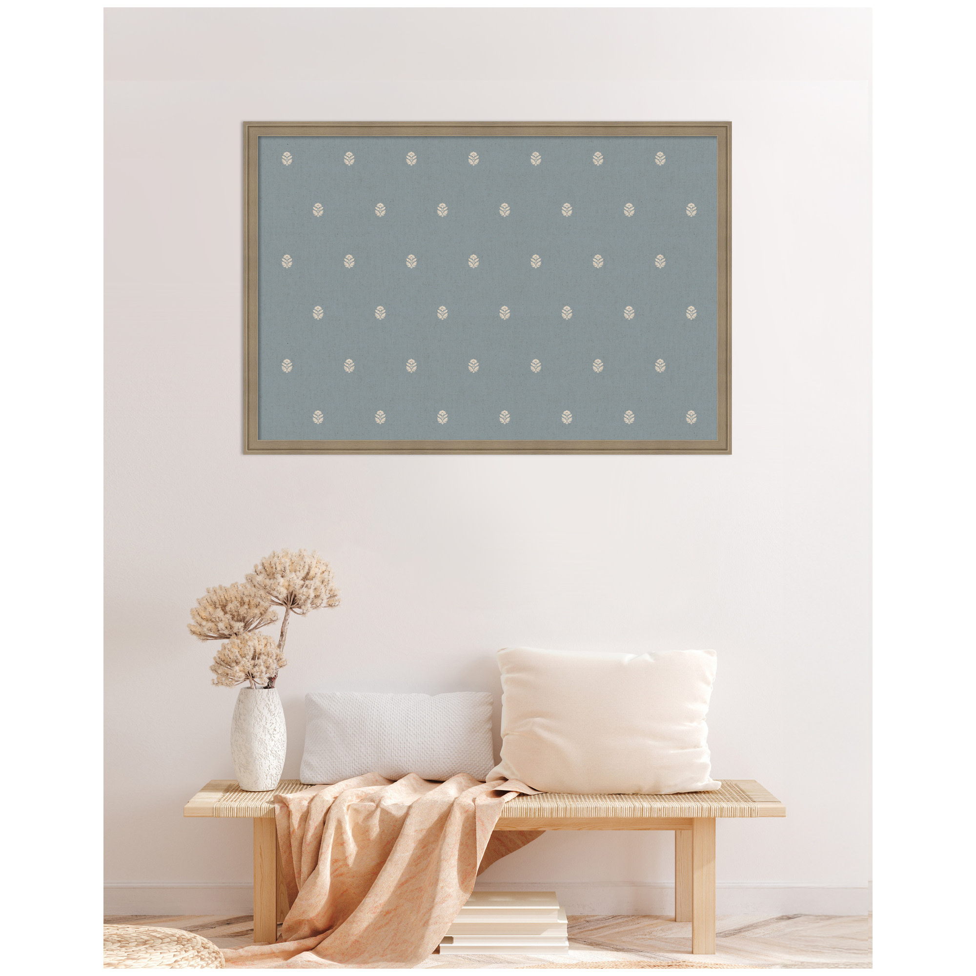 Kate and Laurel Framed Fabric Pinboard 38 x 26, Blue Botanical Block Print Printed Linen Classic Bulletin Board for Use as a Vision Board or Wall Organization, Florence Light Brown Frame