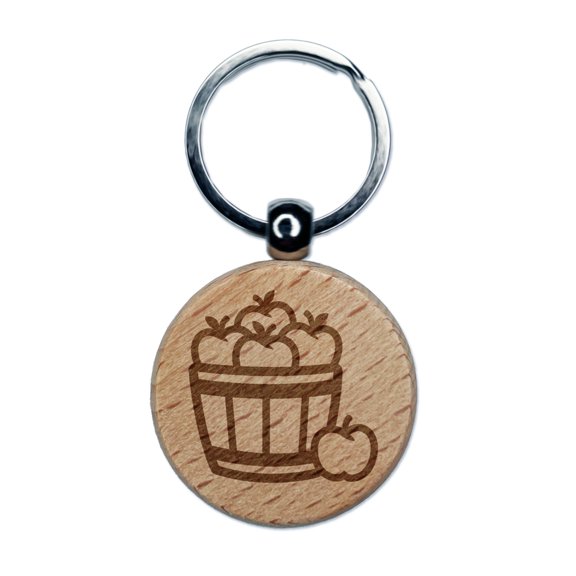 Basket of Apples Fruit Fall Round Keychain Charm Tag - Engraved Wood
