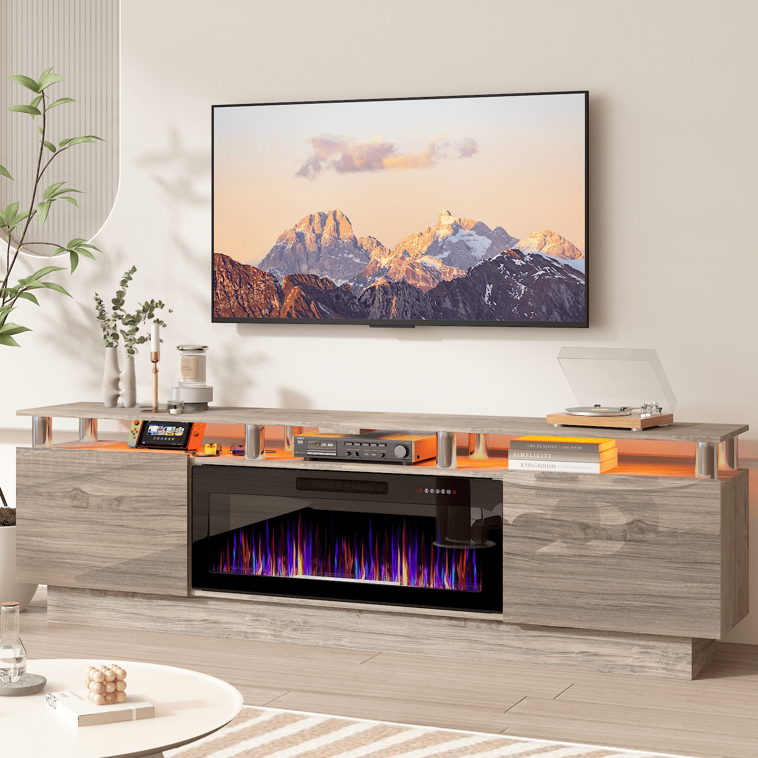BOSSIN Fireplace TV Stand with 36" Electric Fireplace for Living Room,LED Light Entertainment Center,2 Tier TV Console Stand for TVs Up to 90"