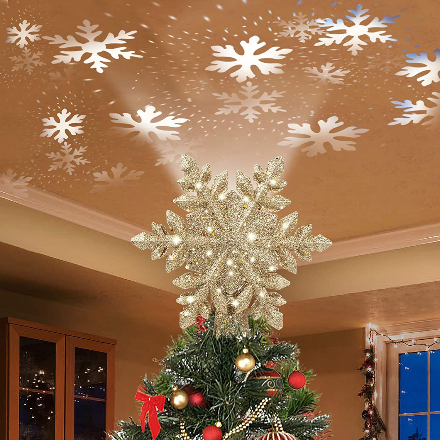 ALLOMN Christmas Lighting Christmas Tree Topper Projector Light 3D Glitter Lighted Star Tree Topper with Adjustable LED Snowstorm/Snowman/Stripe RGB Projector Lights 3m Cable UK Plug Snowstorm