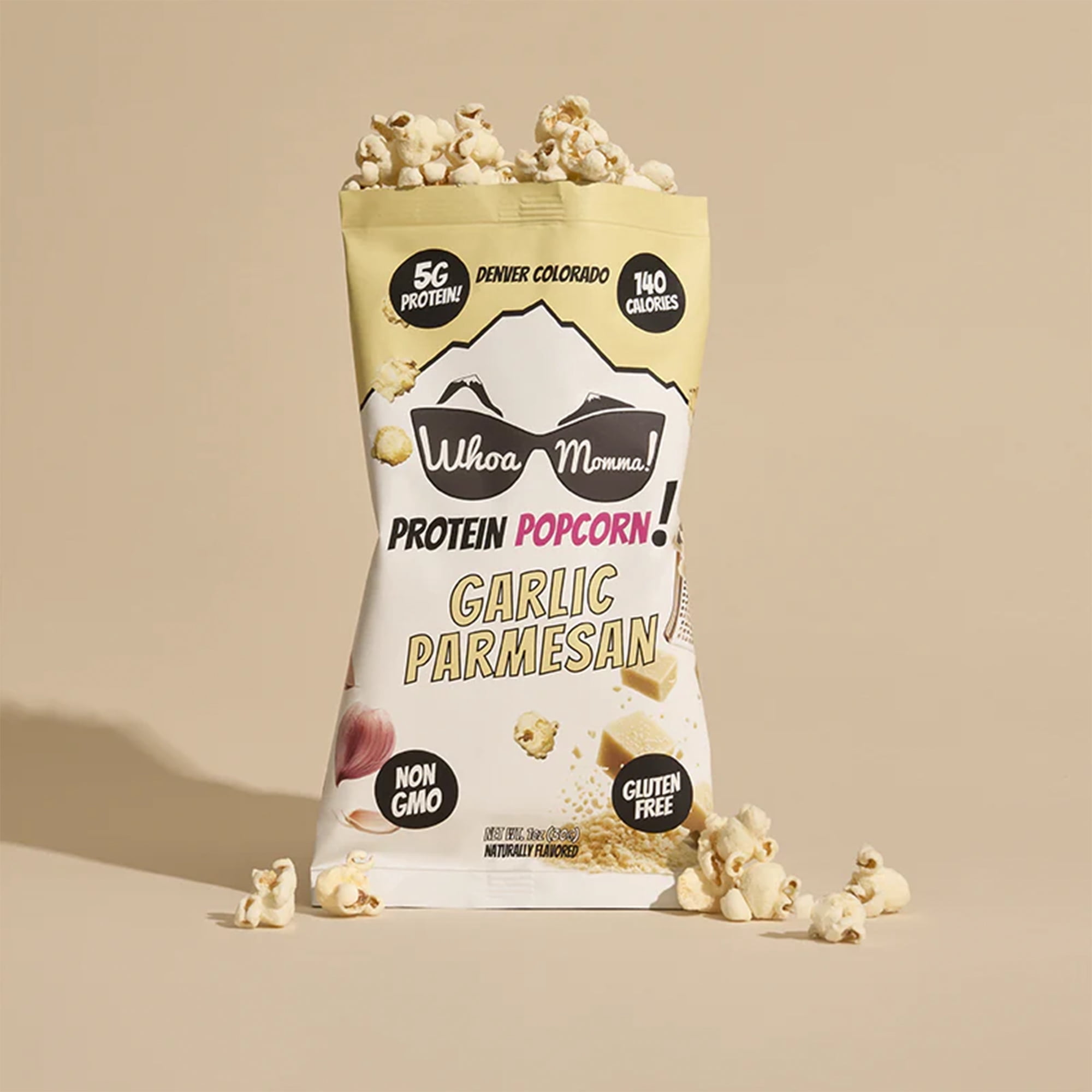 Whoa Momma! Protein Popcorn Garlic Parmesan, High Protein, Gluten Free Cheese Popcorn, 12-pack of 1oz Bags