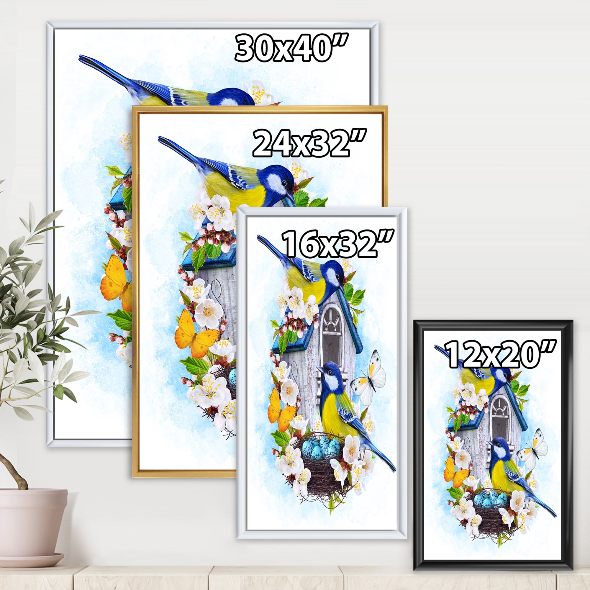 Designart 'Two Tit Birds Sitting Near The Nest With Eggs and White Flowers I' Traditional Framed Canvas Wall Art Print