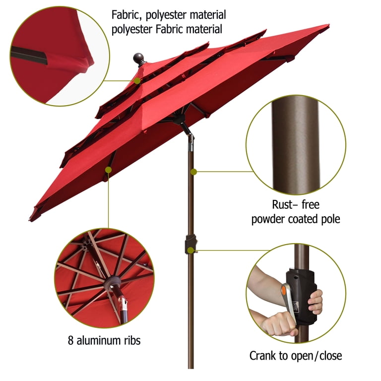 9 ft steel crank and tilt patio umbrella in ruby 9' Round with Push-Button Hand Lift System, Market Umbrella Navy for Patio, Deck, and Yard by Sun-Ray : Patio, Lawn & Garden Does not tilt.Pole is aluminum with a bronze finish. International Caravan 9-Foot Half Round