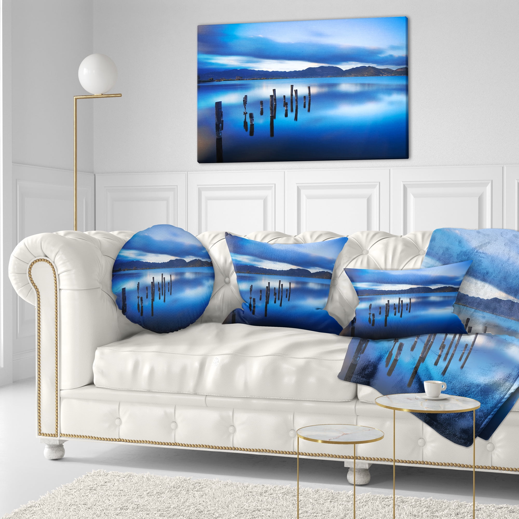 Designart Blue Lake Sunset with Pier - Landscape Photography Throw Pillow - 12x20