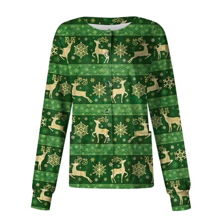 

Ovticza Womens Christmas Scrub Tops Print with Pockets Long Sleeve Button Down Print Plus Size Nursing Uniform Plus Size Women s Christmas Scrubs Green L