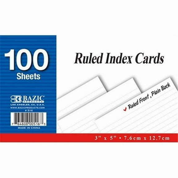 Bazic 100 Ct. 3'' X 5'' Ruled White Index Card Case of 36