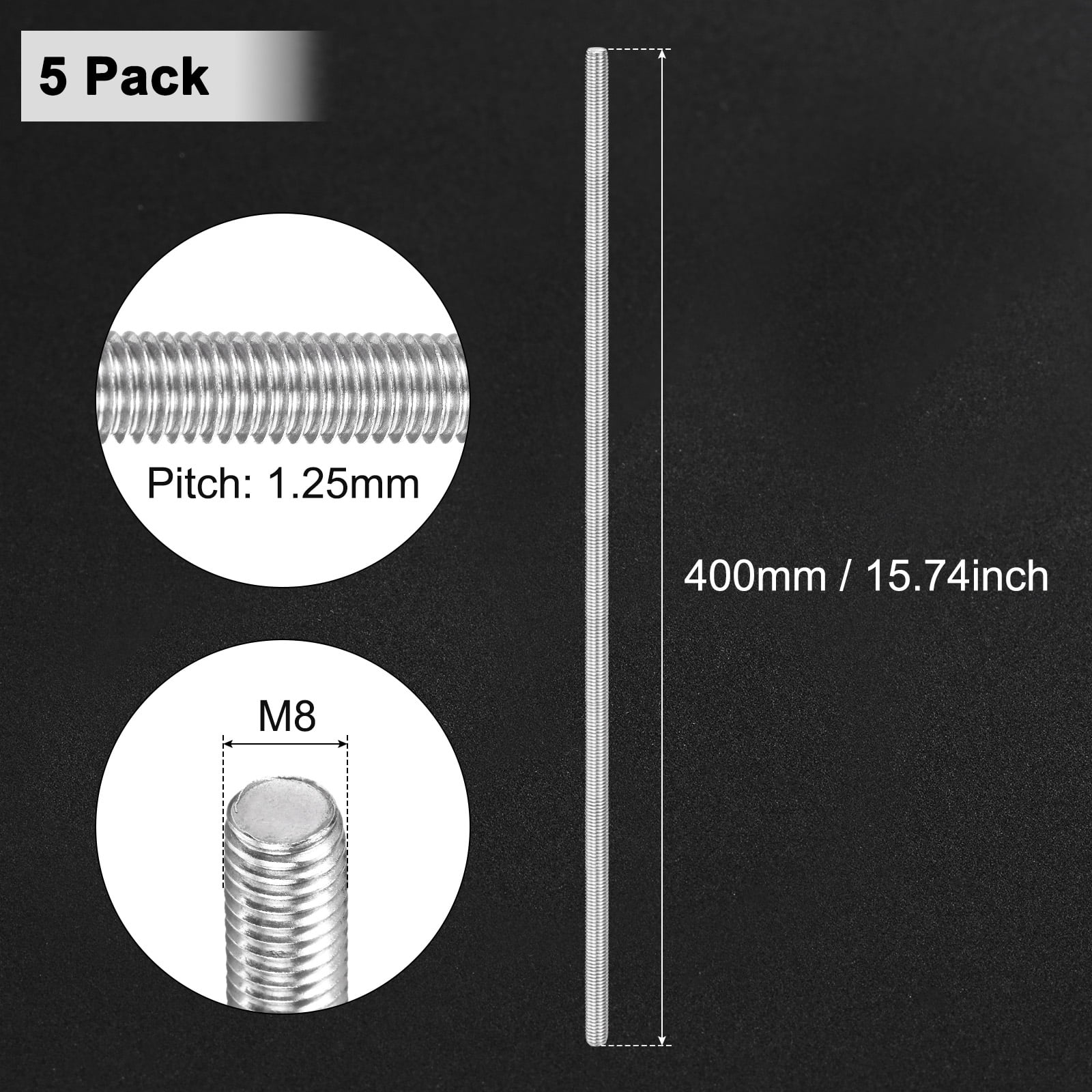 Uxcell 5-Pack Fully Threaded Rod, M8x400mm 304 Stainless Steel Right Hand Thread Bar Studs
