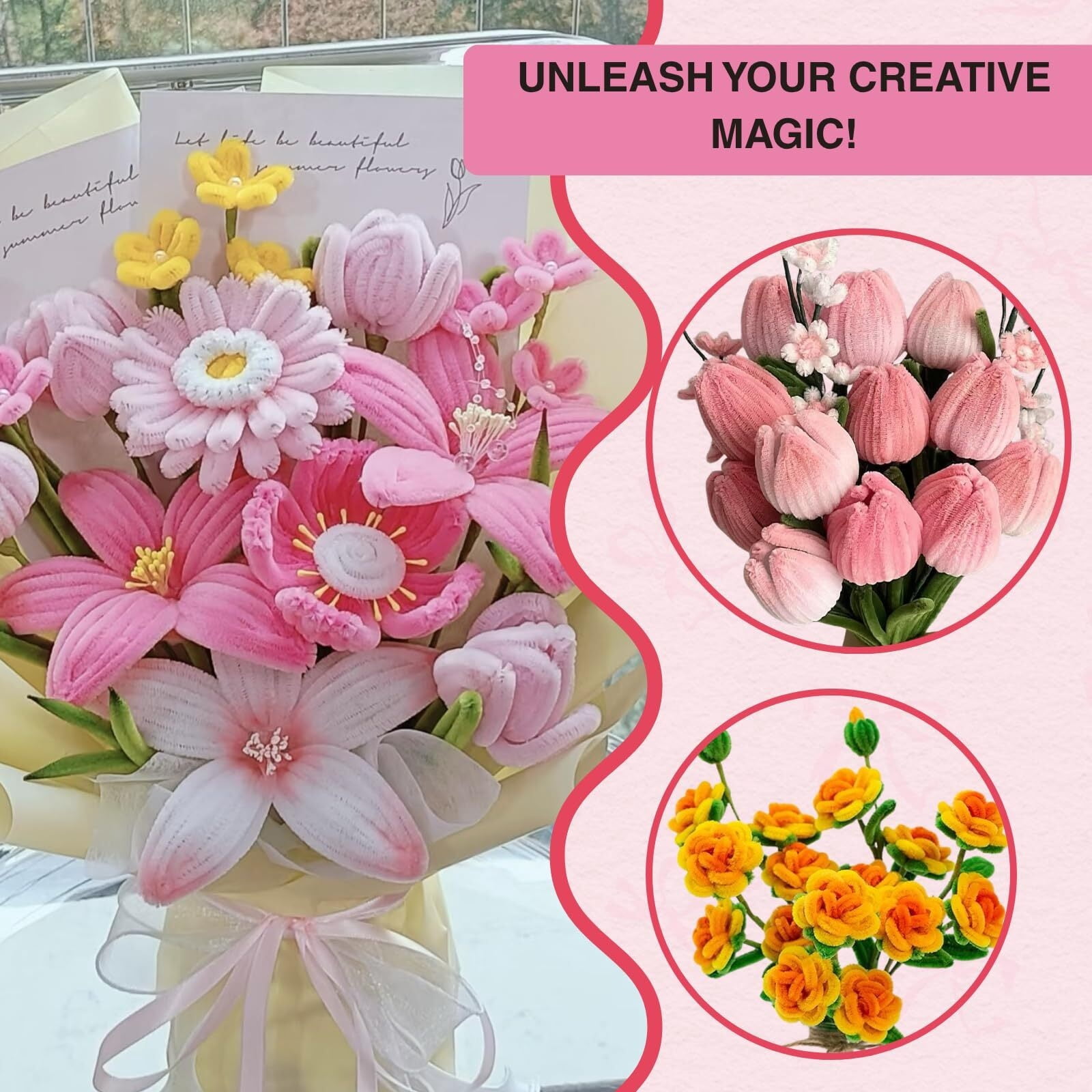 500Piece Pipe Cleaners Flowers Kit, Chenille Stems for DIY Flower Making, Crafts and Art Projects, Creative Holiday Decoration Supplies