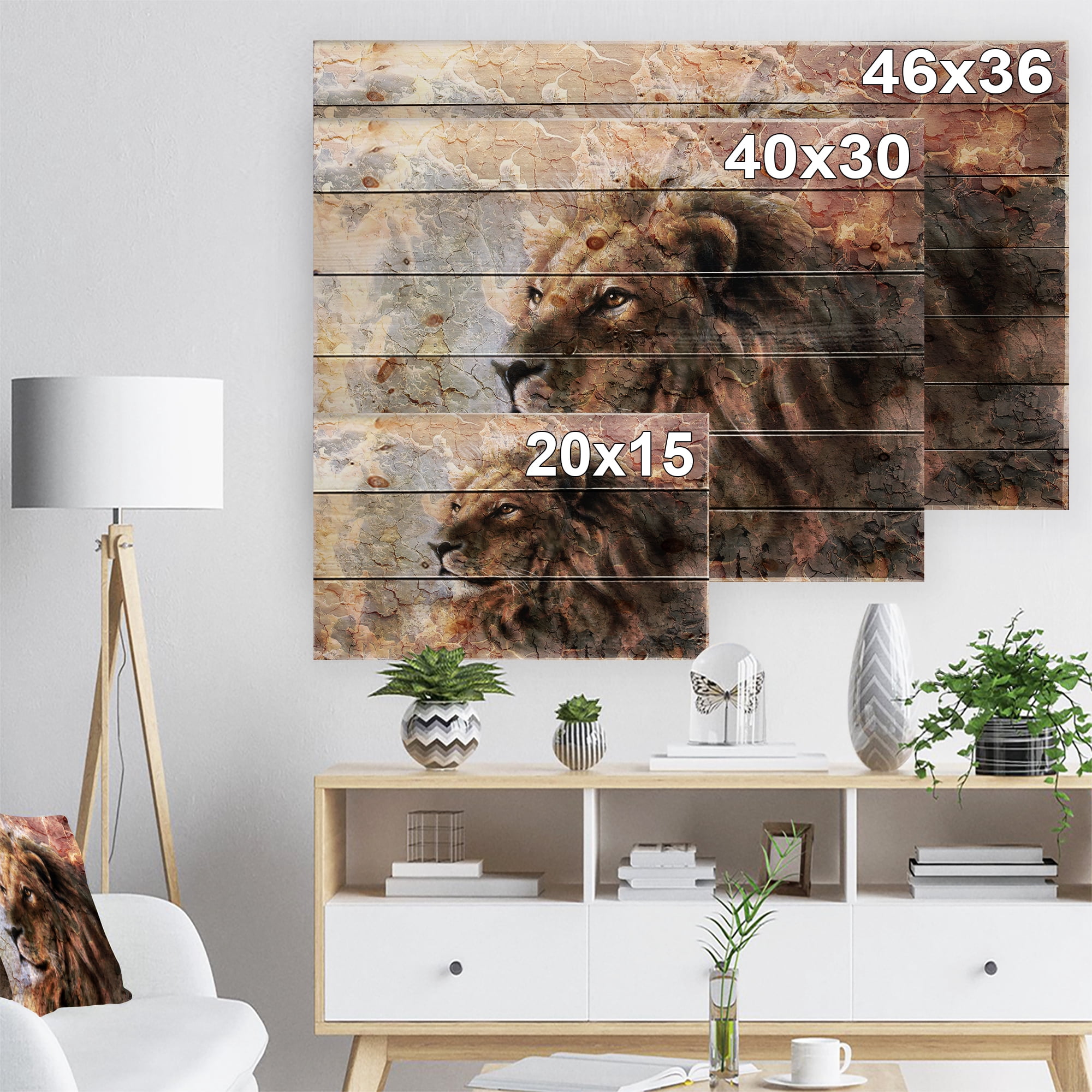 Designart 'Peaceful Lion' Animal Art Print on Natural Pine Wood