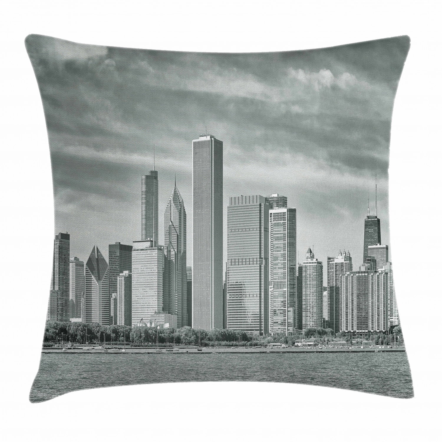 Chicago Skyline Throw Pillow Cushion Cover, Black and White Filtered