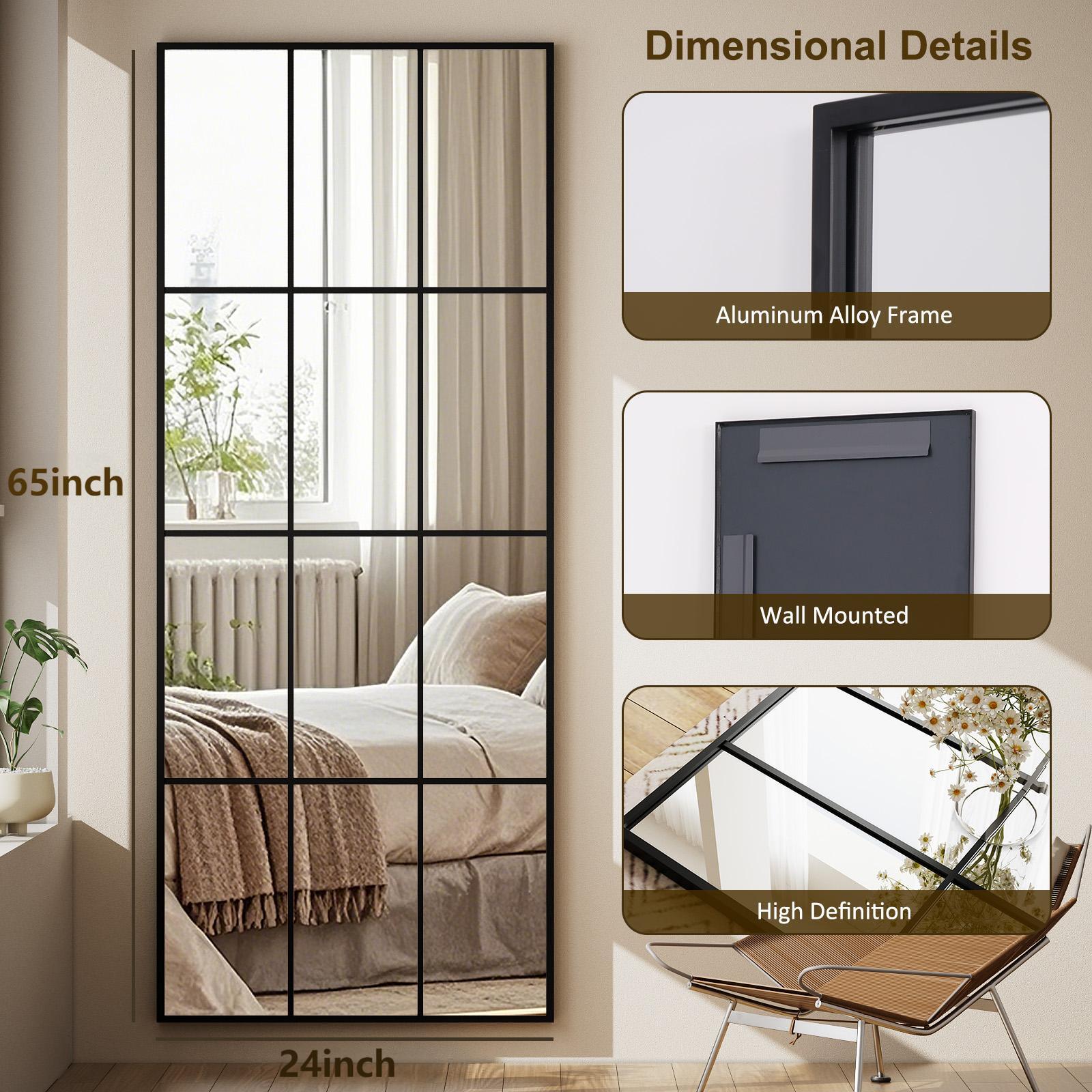 Easy4Home 24"x65" Rectangular Full Length Windowpane Mirror Decorative Floor Mirror Wall-Mounted, Black
