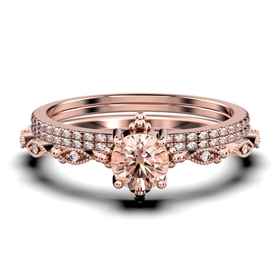 Antique Dazzling Boho & hippie 2.25 Carat Round Cut Morganite And Diamond Moissanite Unique Engagement Ring, Wedding Ring in10k Solid Rose Gold, Affordable Gift For Woman, Trio Set, Matching Band